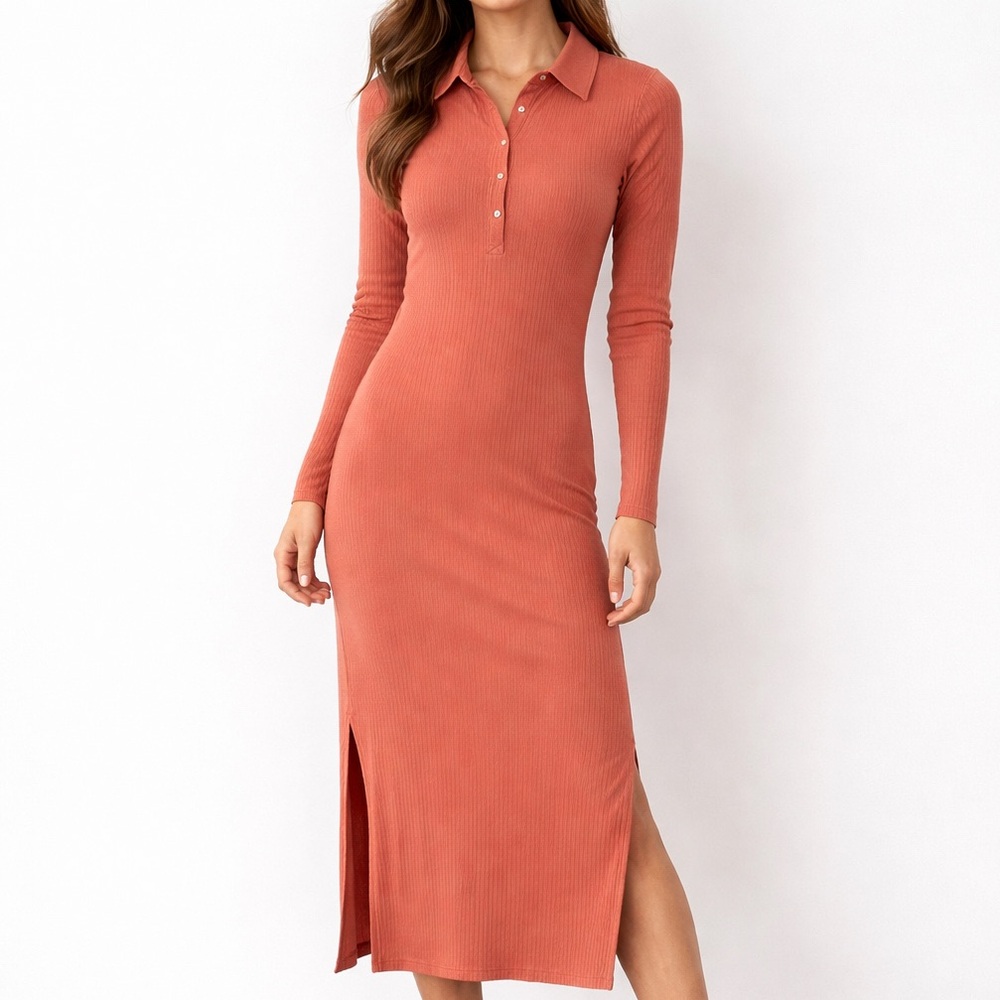 Aerie Orange Ribbed Long Dress Size Small Coral Coastal Slits